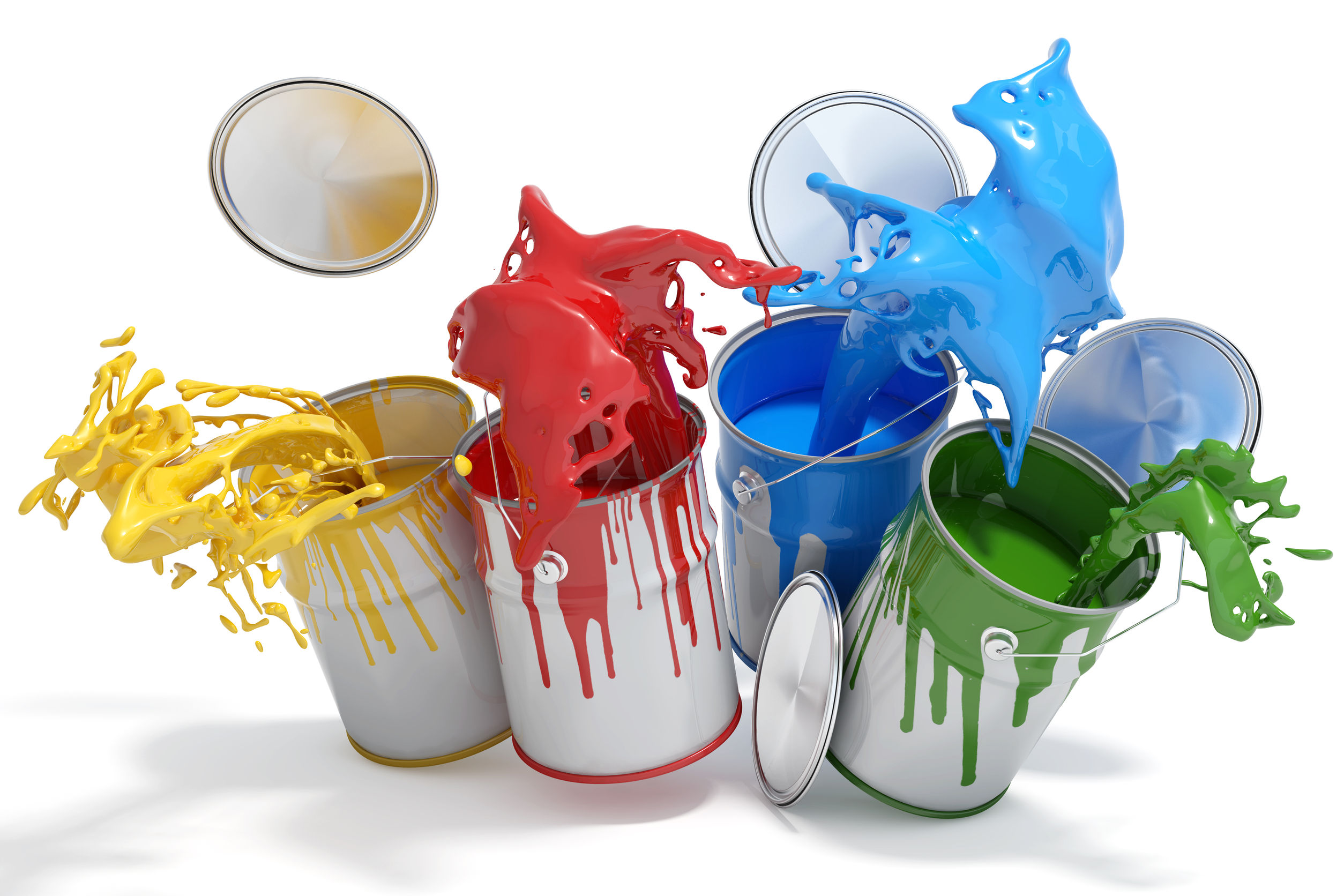 57526077 – four paint cans splashing different bright colors